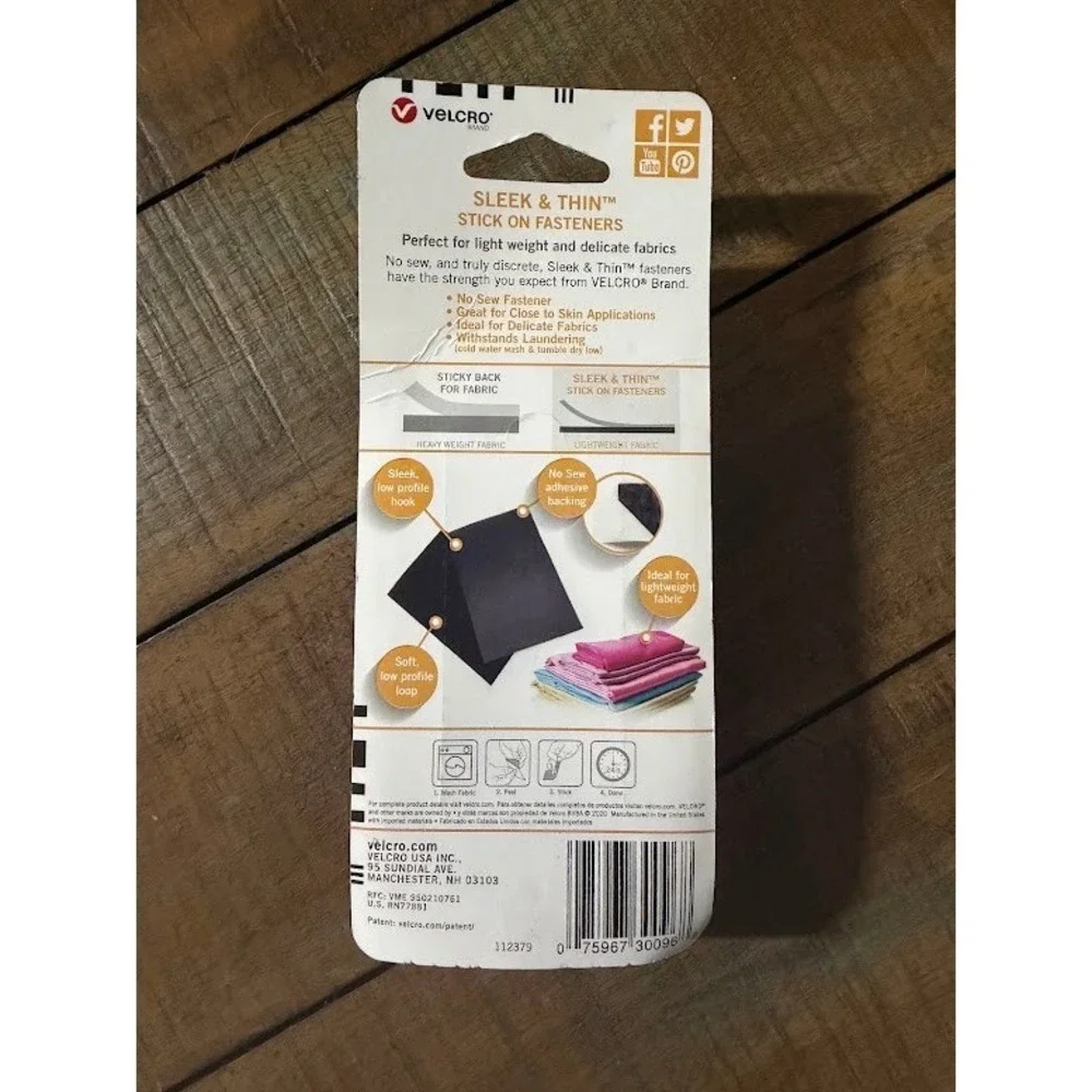 VELCRO Brand Sleek & Thin Stick On Fasteners for Fabrics Black 6in x 1in 105444